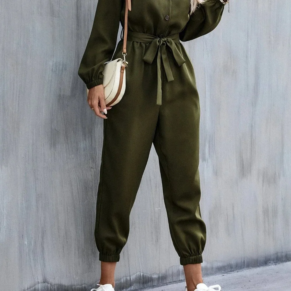 green belted jumpsuit casual classic trending - Picture 5 of 7